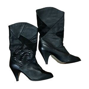 Vintage Flings Black Leather Patchwork Mid Calf Heeled Boots Womens 10M